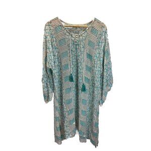 Ruby Yaya sheer‎ Turquoise Sequin Indie Boho tunic dress flare sleeve Size S